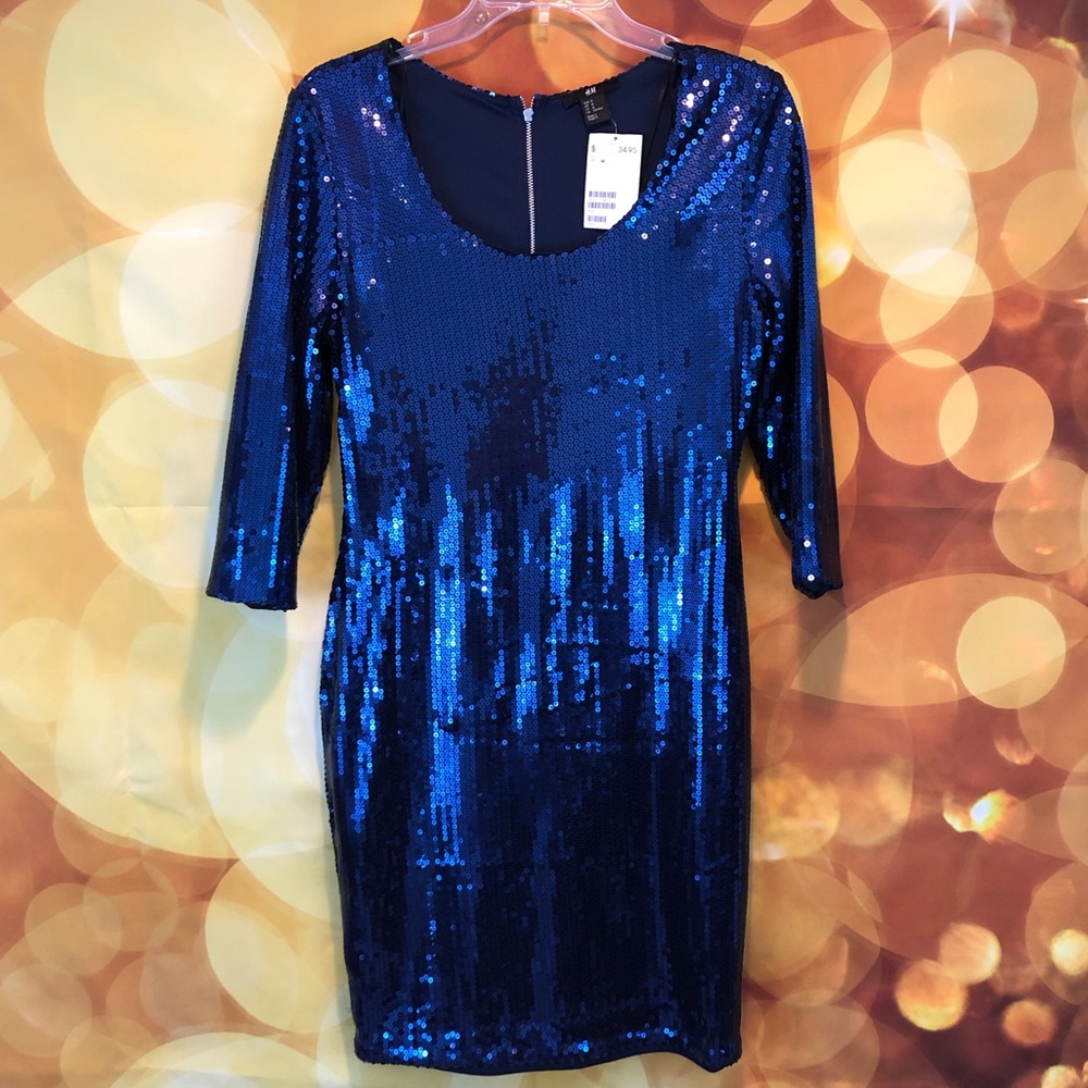 NWT Royal Blue Sequins 3/4 Sleeve Cocktail Dress